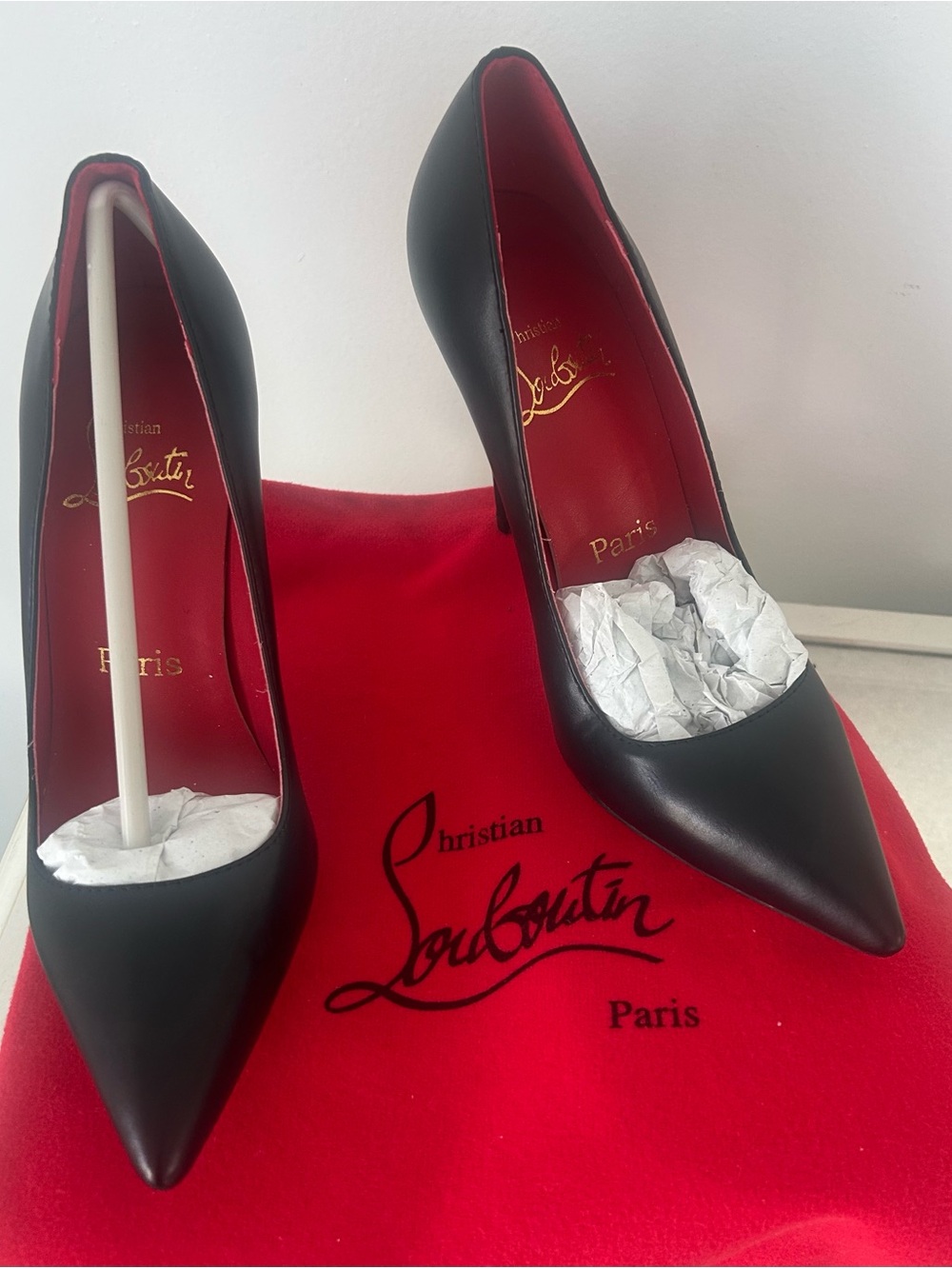 Christian Louboutin Black Leather Pointed-Toe Pumps with Red Interior